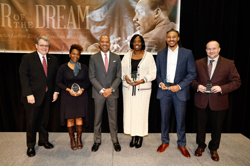 Shown, from left, are UGA President Jere W. Morehead with Andrea Dennis, the Dawn D. Bennett-Alexander Inclusive Community Award winner; keynote speaker T. Dallas Smith, founder and CEO of T. Dallas Smith & Company; and the 2024 President’s Fulfilling the Dream Award winners Terris Thomas, Caleb Snead and Brian Leffler.