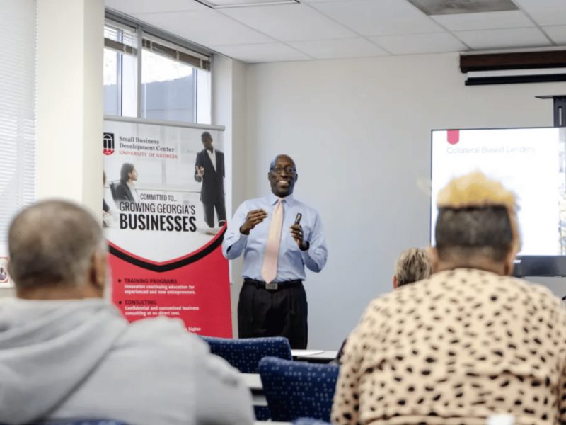 A guest speaks at a UGA SBDC gathering.