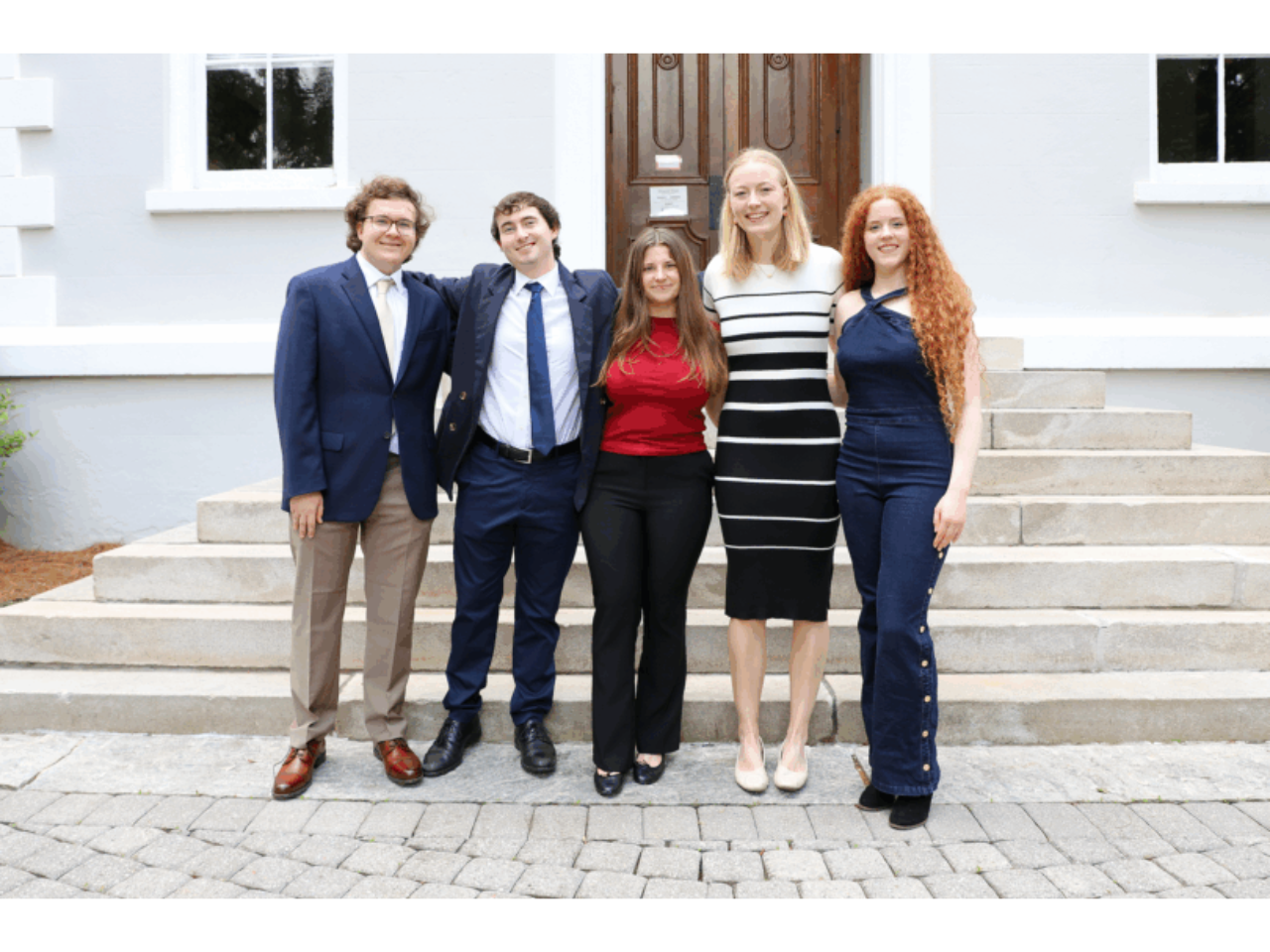 The University of Georgia’s 2025 Boren Scholars include, from left to right, Jack Williford, Nicholas Heiniger, Sara Adkins, Sadie Bengs and Madison Dixon. Not pictured are Mark Adams and Jessica Sobieski. (Photo by Stephanie Schupska)